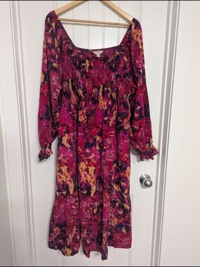 Women's Magenta Floral Smocked Midi Dress